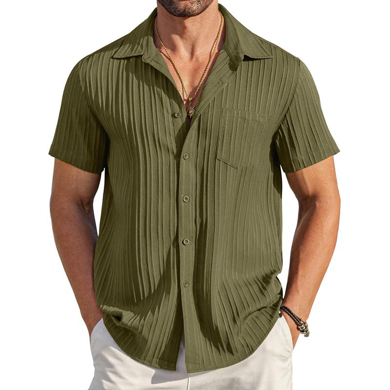 Men's Pleated Solid Lapel Short Sleeve Shirt 44415909Y