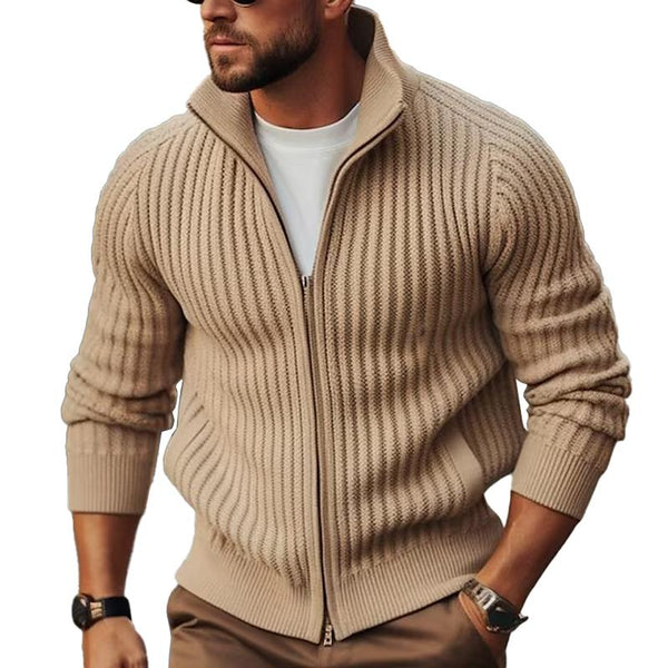 Men's Casual Solid Color Stand Collar Zipper Knitted Long-Sleeved Cardigan 49236387M