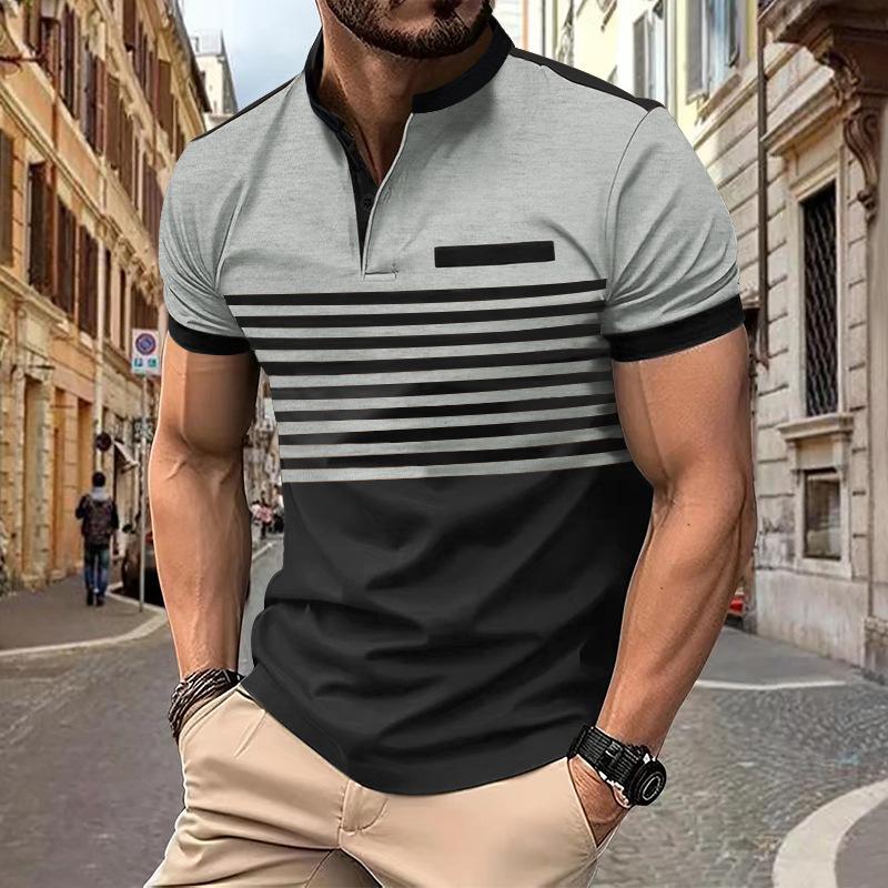 Men's Colorblock Striped Henley Collar Short Sleeve Casual T-shirt 07381888Z