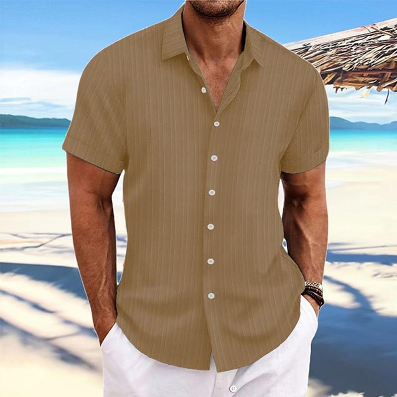 Camicia da uomo in cotone e lino a righe con risvolto, manica corta, ampia, 89995369X