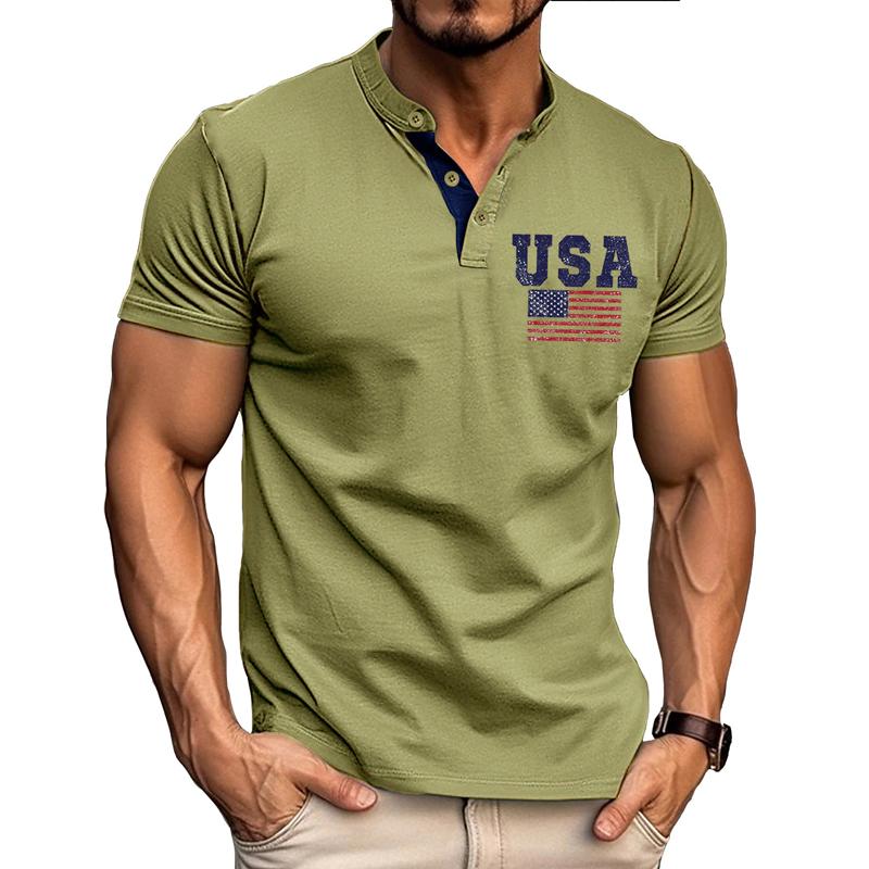 Men's American Flag Print Short Sleeve Button T-Shirt 65699171X