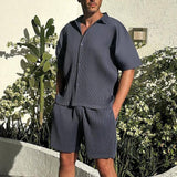 Men's Vertical Striped Short-Sleeved Shirt And Shorts Set 04236891Y