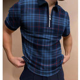 Men's Plaid Printed Zipper Lapel Short-Sleeved Polo Shirt 78170063Y