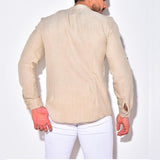 Men's Casual Cotton Linen Stand Collar Slim Long Sleeve Shirt 37012566M