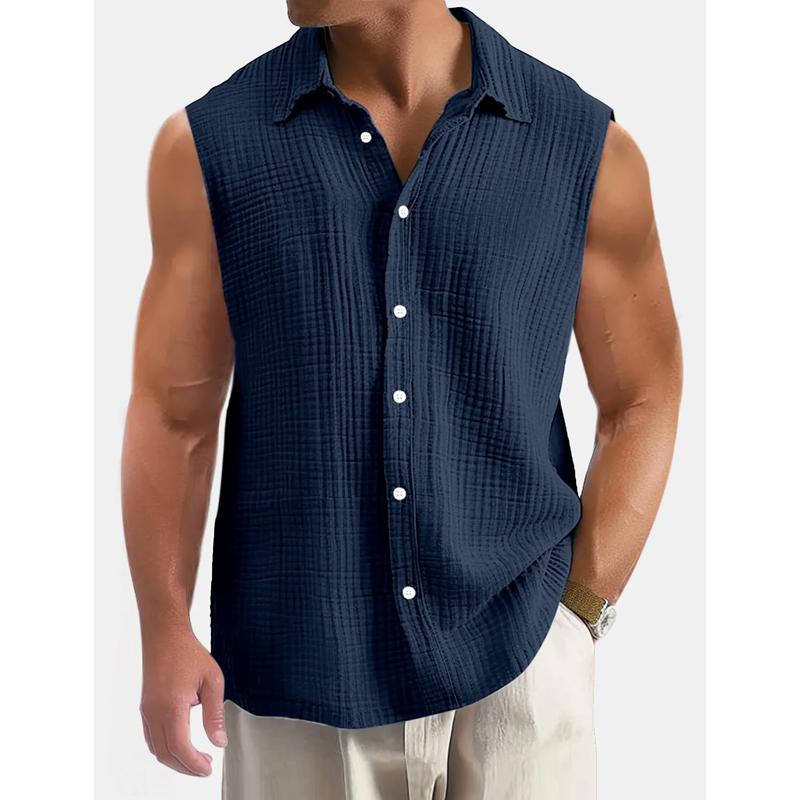 Men's Cotton And Linen Lapel Sleeveless Shirt 83758244Y