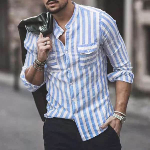 Men's Vintage Stripe Stand Collar Long Sleeve Shirt 03606304Y