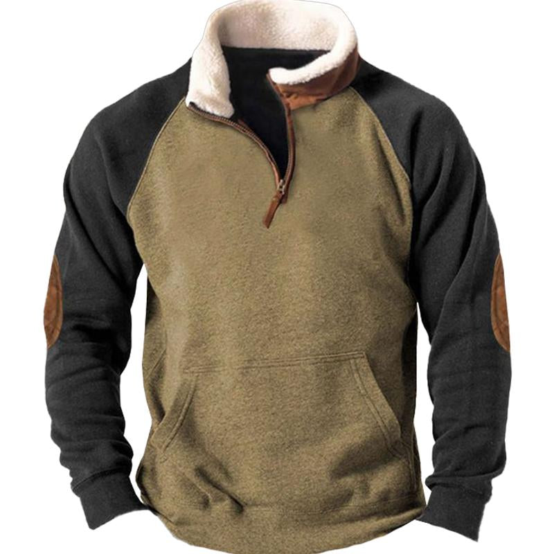 Men's Vintage Color Block Print Stand Collar Long Sleeve Pullover Sweatshirt 06121654M