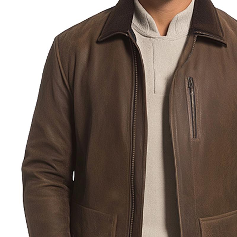 Men's Brown Fur Collar Leather Jacket 42392367U