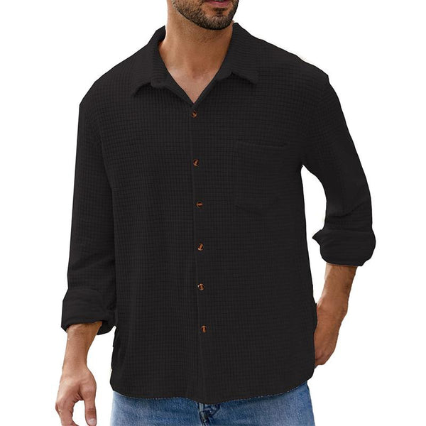 Men's Solid Waffle Long Sleeve Lapel Shirt 47316405X