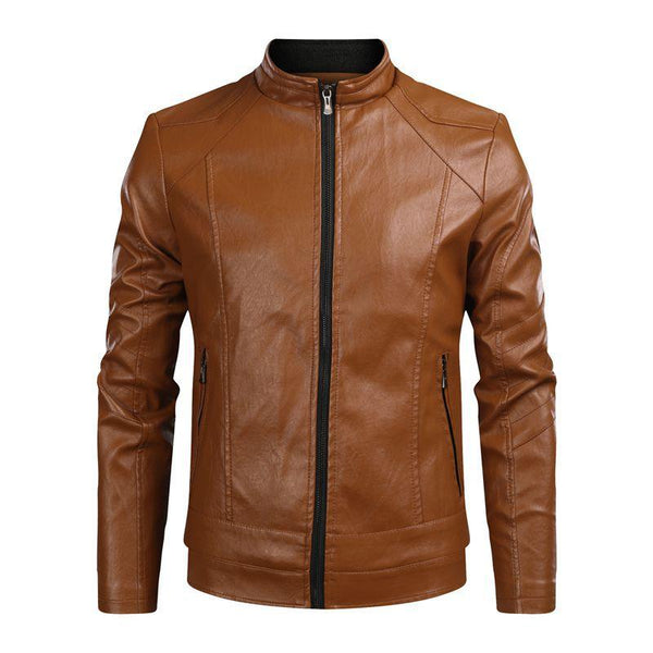 Men's Solid Color Stand Collar Leather Motorcycle Jacket 93017058X