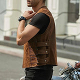 Men's Vintage Solid Color Chest Pocket Collarless Leather Vest 89985087Y
