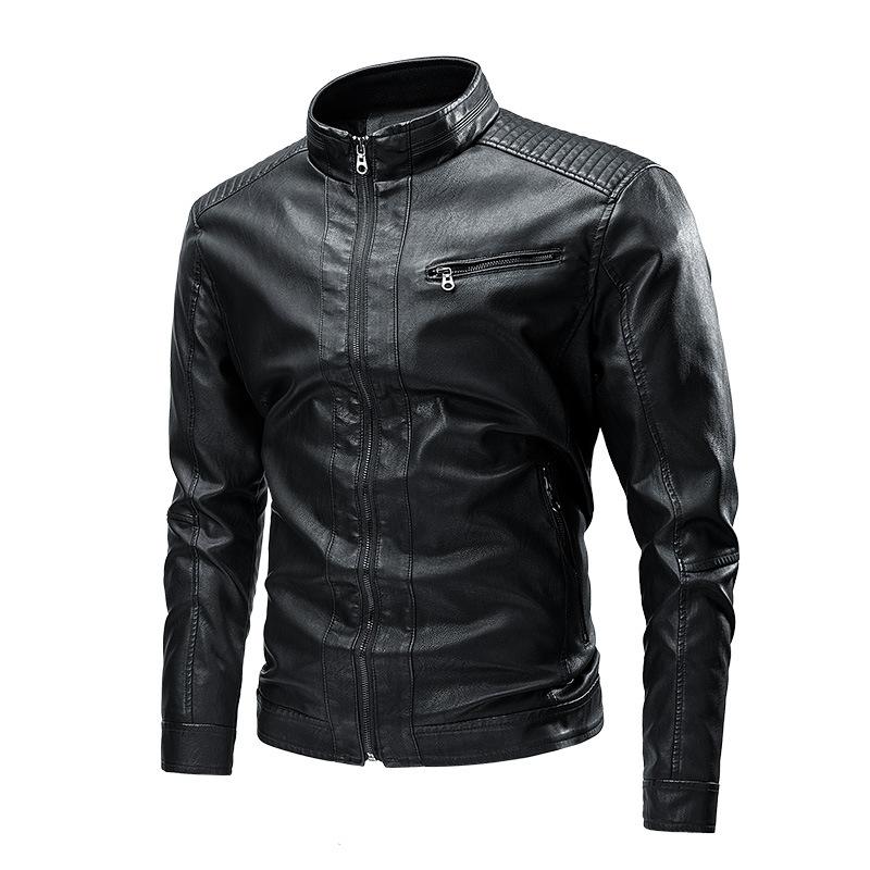 Men's Solid Color Leather Zip-Up Motorcycle Jacket 27903055U