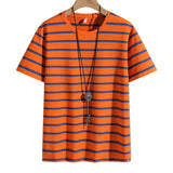 Men's Casual Cotton Blended Round Neck Striped Loose Short Sleeve T-Shirt 88677815M