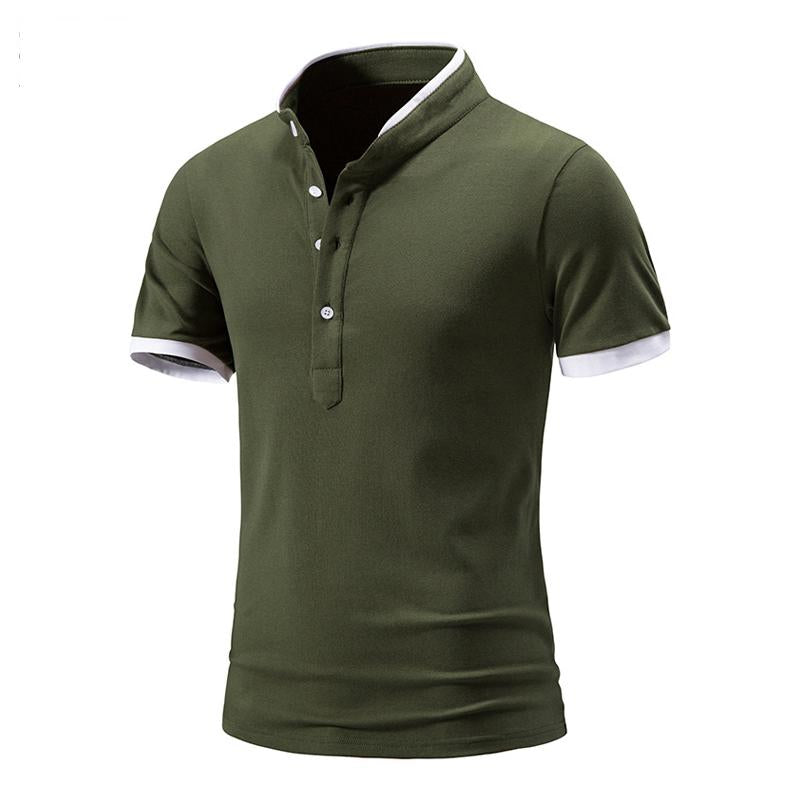 Men's Casual Cotton Blend Color Block Stand Collar Slim Fit Short Sleeve T-Shirt 96299231M