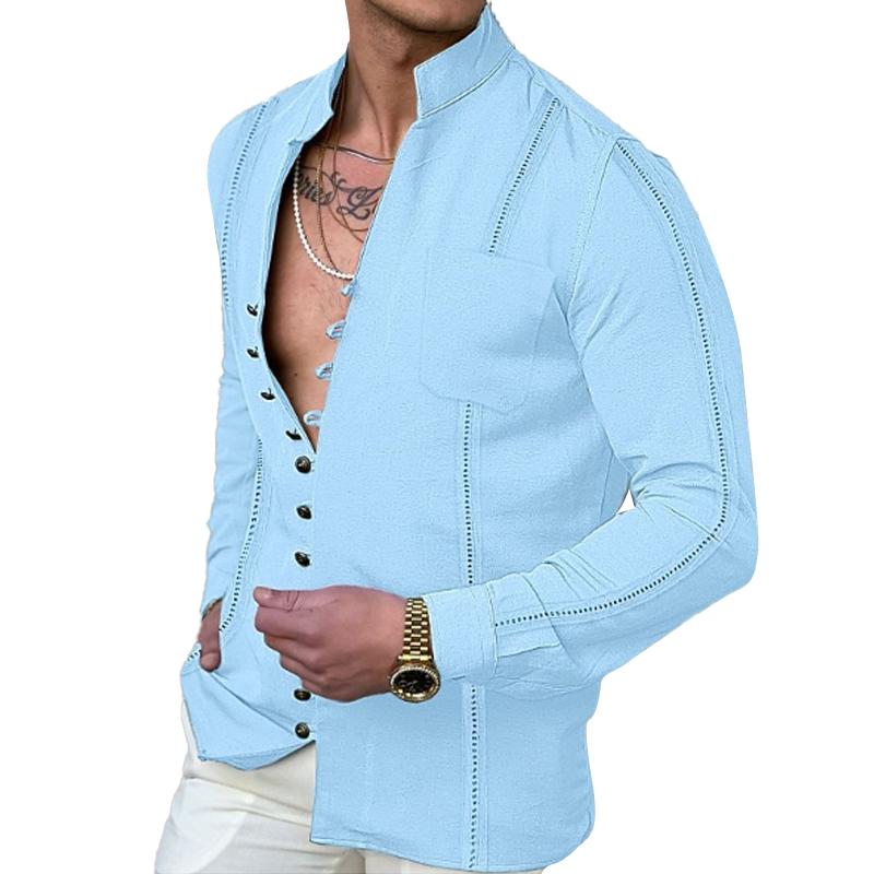 Men's Casual Solid Color Button Breast Pocket Long Sleeve Shirt 47920593Y