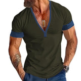 Men's Casual Cotton Blend Color Block V-Neck Short Sleeve T-Shirt 32802016M