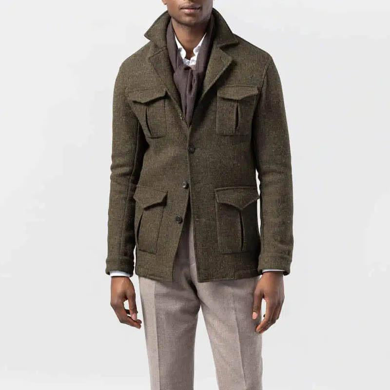Men's Vintage Woolen Multi-Pocket Waisted Safari Jacket 09964771Y