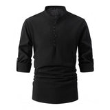 Men's Cotton and Linen Stand Collar Casual Long-sleeved Shirt 09019442X