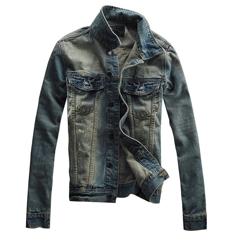 Men's Vintage Solid Color Distressed Denim Jacket 35094869Y
