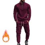 Men's Solid Color Casual Plush Warm Zipper Stand Collar Sweatshirt Sweatpants Set 08038864Y