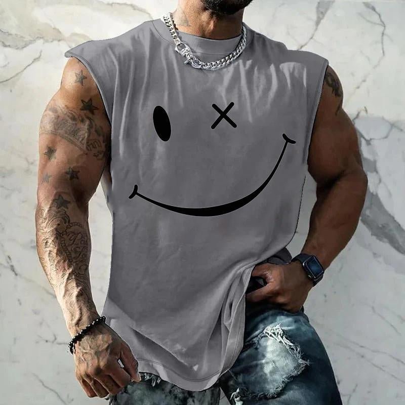 Men's Sports Loose Smiley Printed Crew Neck Tank Top 04348213Y