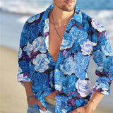 Men's Hawaiian Loose Rose Print Lapel Long Sleeve Shirt 82228008X