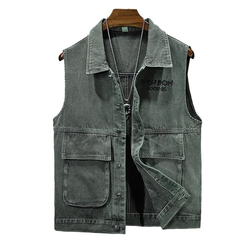 Men's Vintage Lapel Embroidered Denim Vest 86230334X