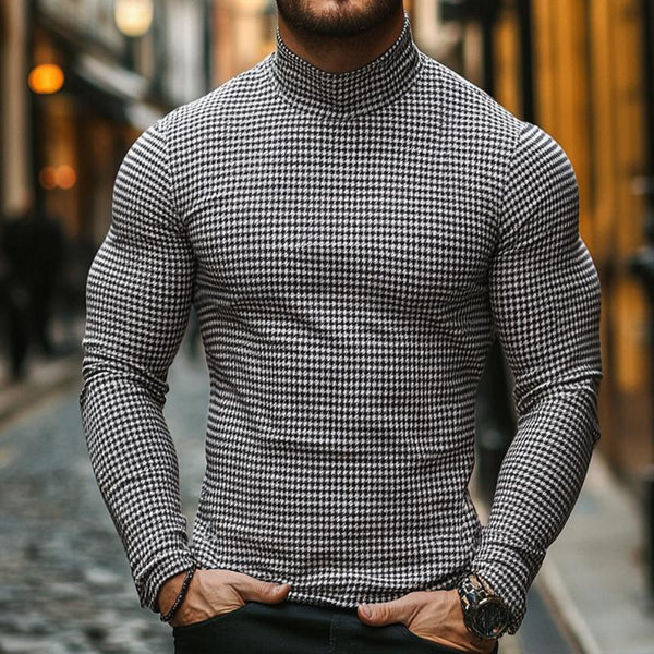 Men's Retro Casual Houndstooth Print Turtleneck Long Sleeve T-Shirt 11085960TO