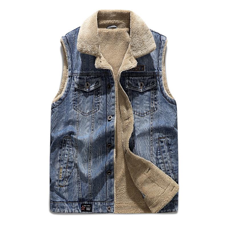 Men's Vintage Warm Fleece Lapel Multi Pocket Denim Vest 36995725Y