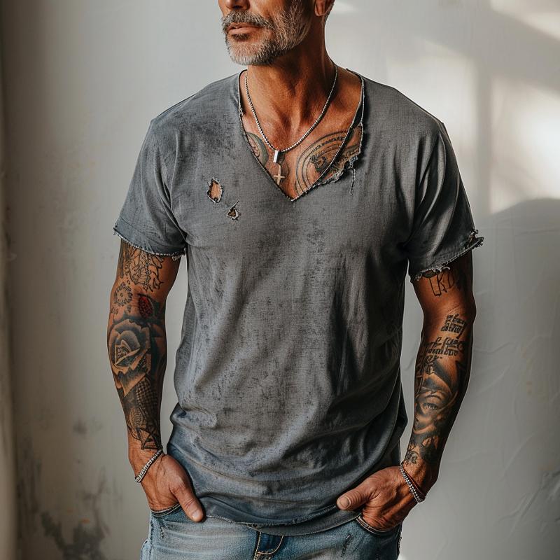 Men's Distressed Ripped Raw Edge V-Neck Short-Sleeved T-Shirt 83736876Y