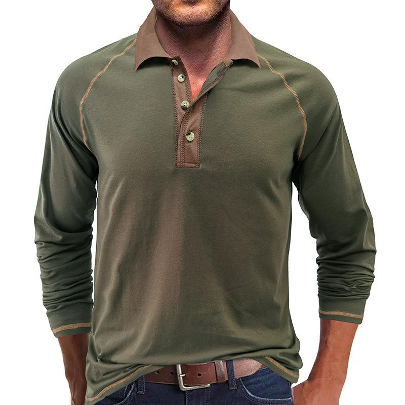 Men's Casual Color Contrasting Lapel Long Sleeve Polo Shirt 04563249M