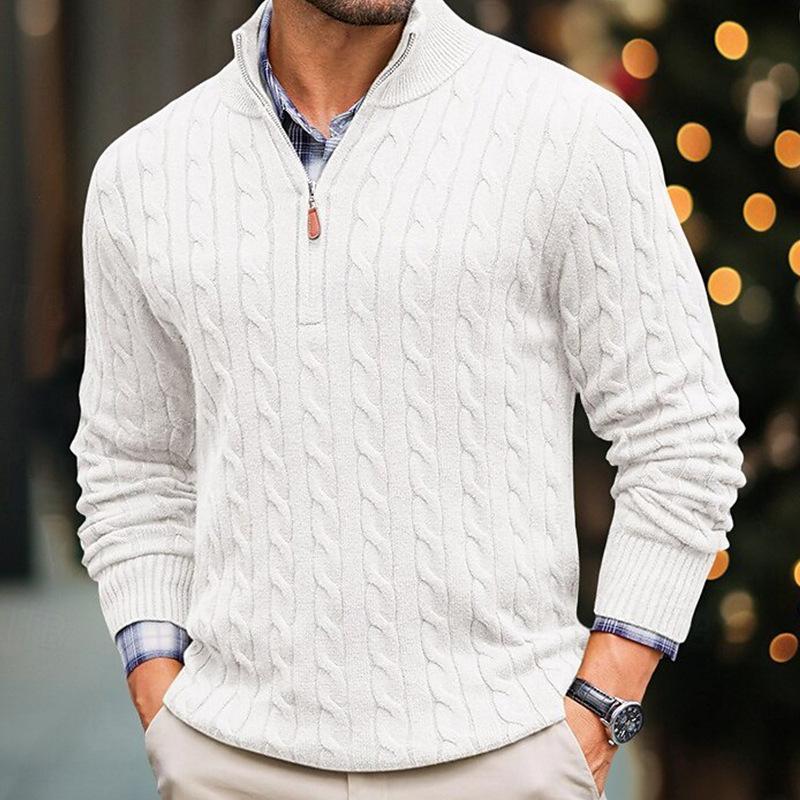 Men's Solid Cable Knit Half High Collar Long Sleeve Sweater 54249239Z