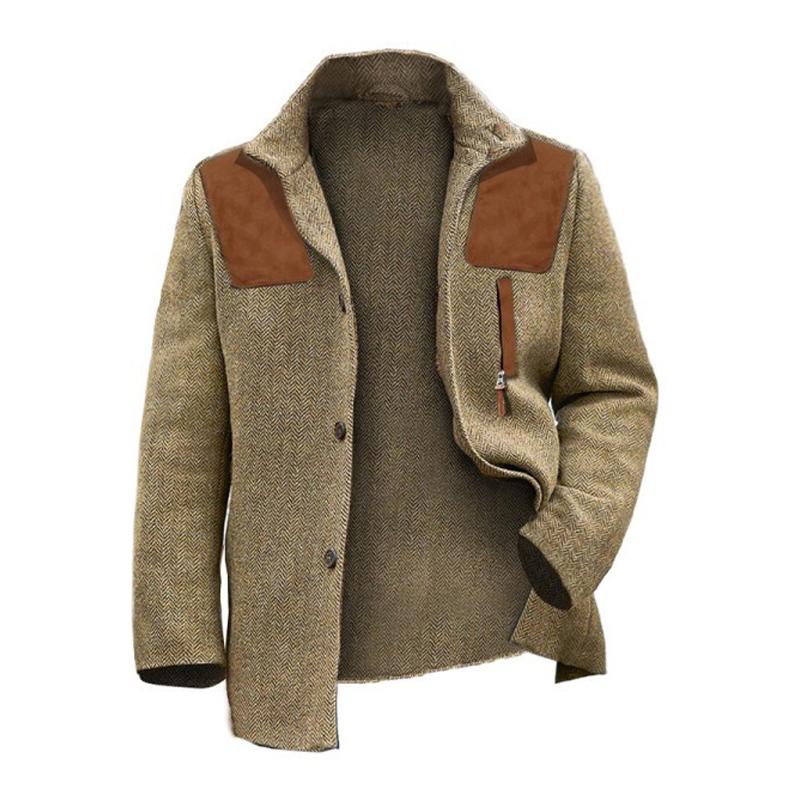 Men's Vintage Herringbone Stand Collar Suede Patchwork Slim Fit Coat 48861421M