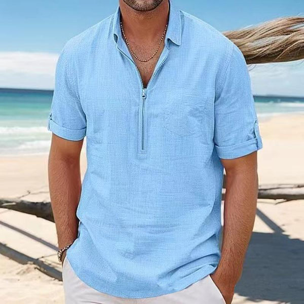 Men's Casual Cotton Linen Zipper Lapel Short-sleeved Pullover Shirt 48928085M