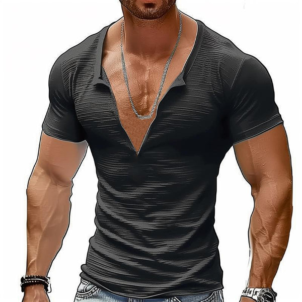 Men's Casual Solid Color Deep V-Neck Slim Fit Short-Sleeved T-Shirt 53337298Y