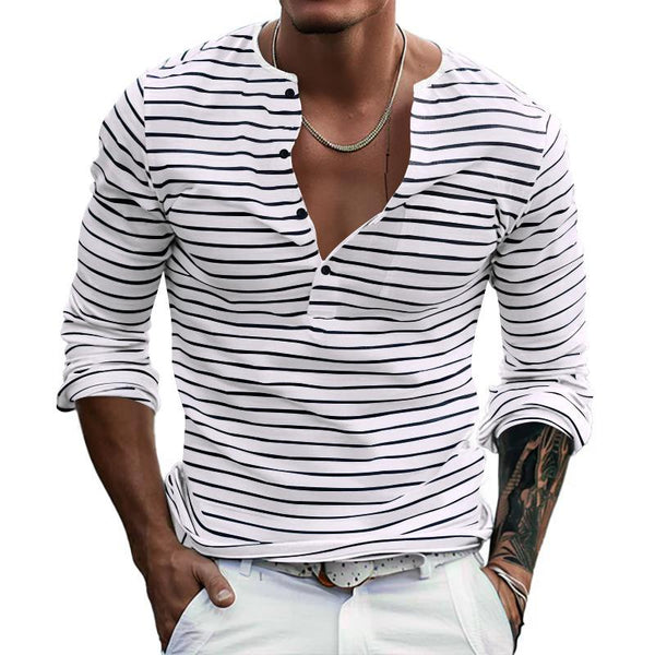 Men's Striped Henley Collar Long Sleeve Casual T-shirt 40512523Z