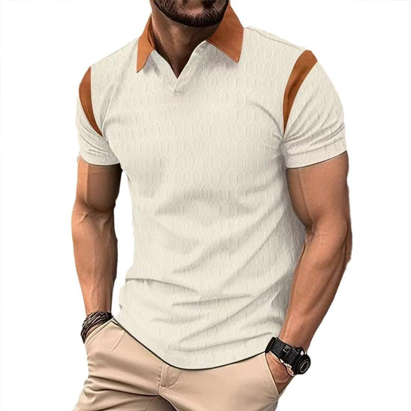 Men's Waffle Color Block Lapel Short Sleeve POLO Shirt 65522178X