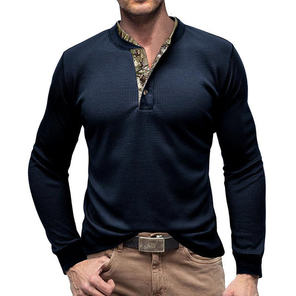 Men's Casual Henley Collar Contrast Waffle Long Sleeve T-Shirt 51820727M