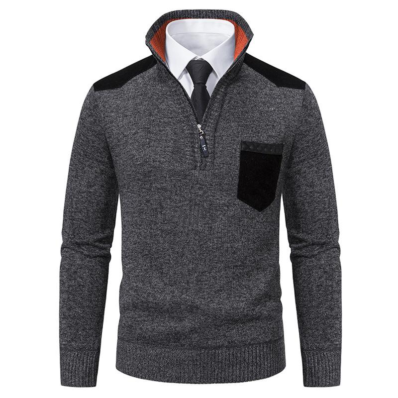 Men's Casual Retro Patchwork Pocket Stand Collar Zipper Sweater 32851595TO