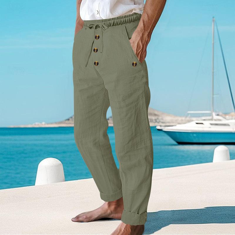 Men's Beach Solid Color Cotton and Linen Drawstring Pants 80434182Y