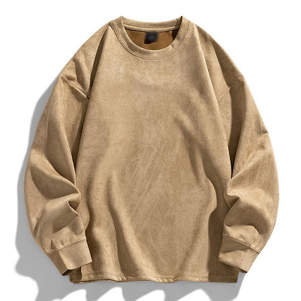 Men's Vintage Solid Color Suede Round Neck Loose Pullover Sweatshirt 99370869M