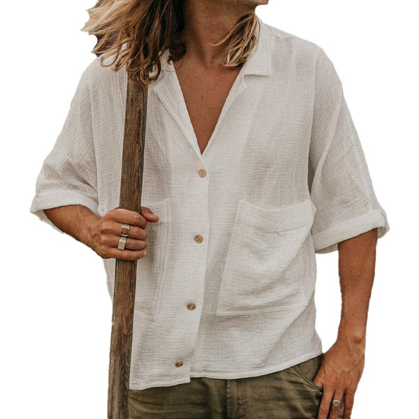 Men's Loose Linen Large Pocket Lapel Mid-Sleeve Shirt 21217275Y