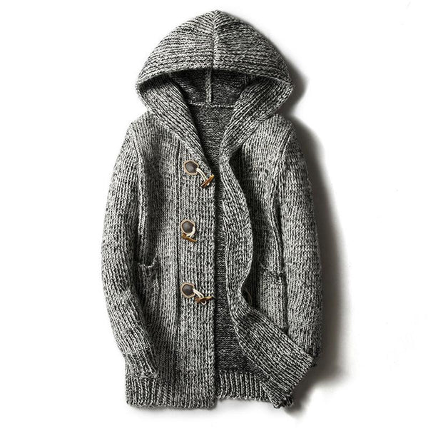 Men's Mid-length Thickened Horn Button Hooded Knitted Cardigan 84747651U