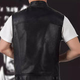 Men's PU Leather Single Breasted Cardigan Multi-Pocket Stand Collar Vest 30665861U