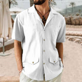 Men's Casual Solid Color Cuban Collar Multi-Pocket Short Sleeve Shirt 80419561Y