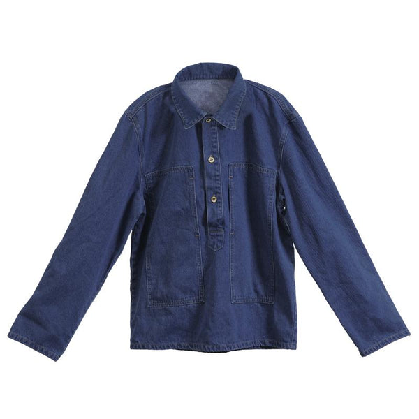 Men's Vintage Pocket Lapel Pullover Long Sleeve Denim Shirt 87998637Y