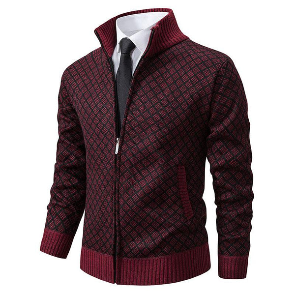 Men's Stand Collar Slim Fit Plaid Knit Cardigan 93275496F