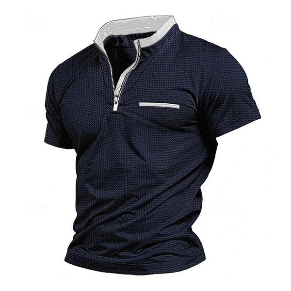 Men's Casual Zipper Stand Collar Color Block Short Sleeve T-Shirt 87687649M