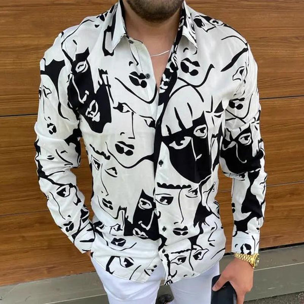 Men's Fashion Printed Slim Lapel Long Sleeve Shirt 95930073M