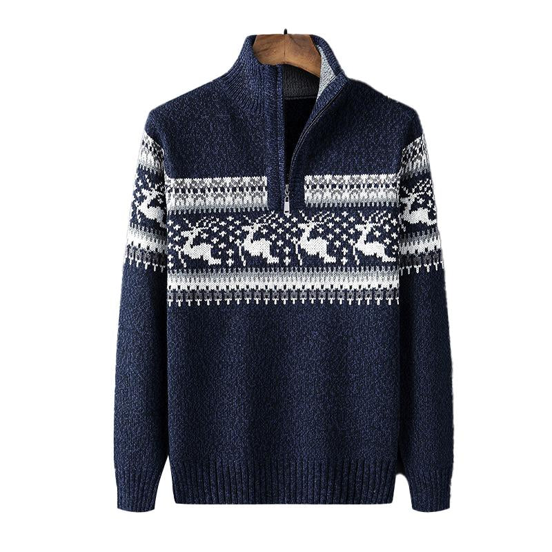 Men's Vintage Christmas Jacquard Zip Stand Collar Sweater 53613579Y